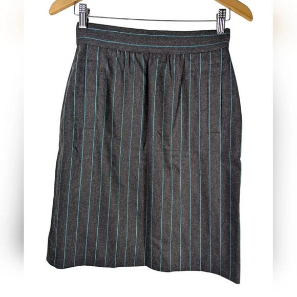 Vintage Escada Charcoal Grey Cashmere Wool Skirt Teal Pinstripe Size 36 - Picture 2 of 16